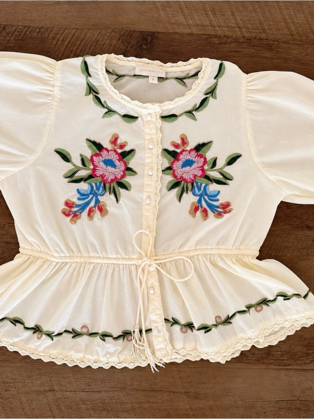 Jennifer and Grace Women's Cream Embroidered Peplum Blouse